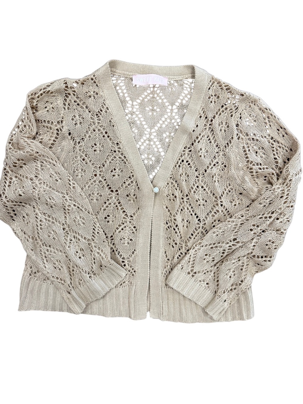 Sweet Kizz Medium Beige Crochet Open Knit Cropped Cardigan Cottagecore